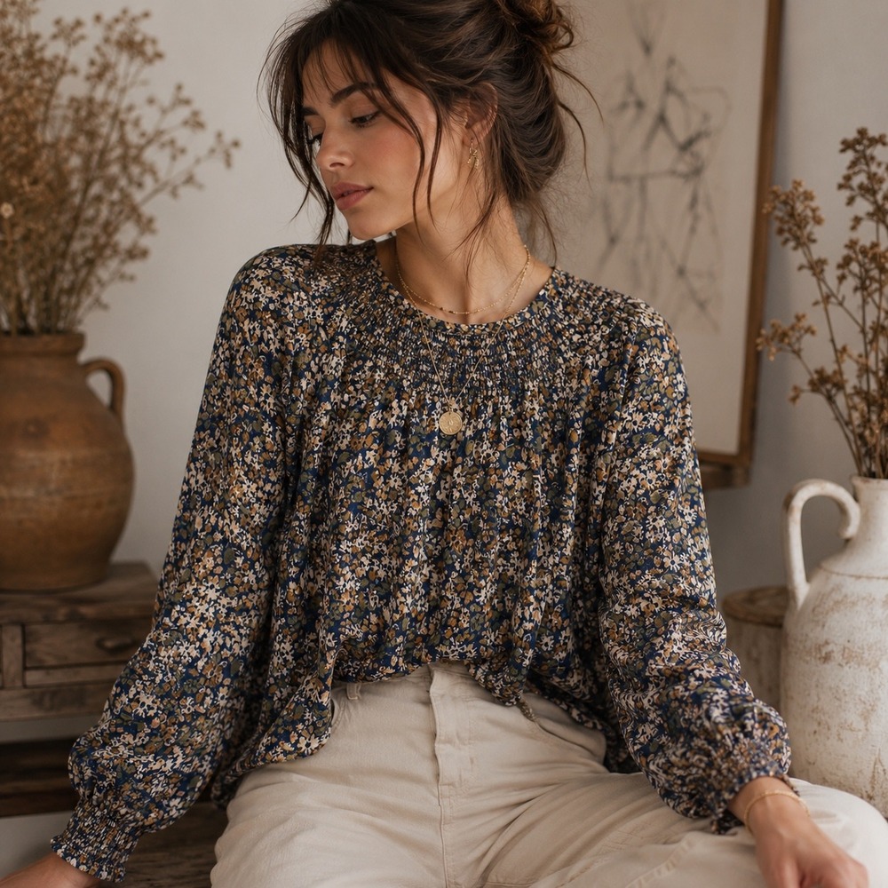Boho Floral Smocked Neck Blouse Navy Rust Ditsy Print Long Sleeve XL Top